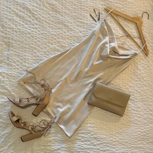 Silk nude beige cocktail dress, mid length, sleeveless, cowl neck.